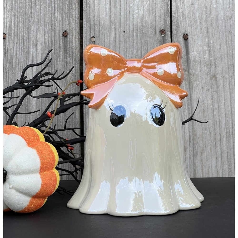 Viral Ghost With Orange & White Polka Dot Bow Halloween Figurine 7.5 X 6" NEW - Picture 5 of 7